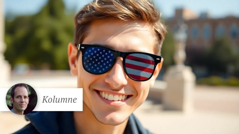 KI-Foto eines lächelnden jungen Mannes in dessen Sonnenbrille sich die Flagge der USA spiegelt
